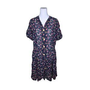 Banana Republic Vintage 90s Rayon Shirt Dress Floral Womens Size S Navy Blue Gru